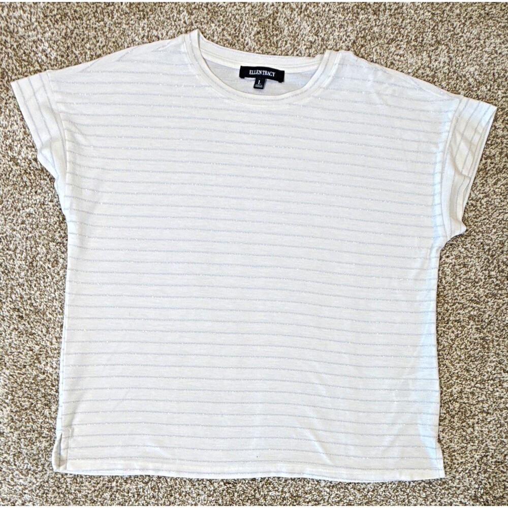 Ellen Tracy Women's L White/Silver Glitter Striped Knit Crew Neck T-Shirt